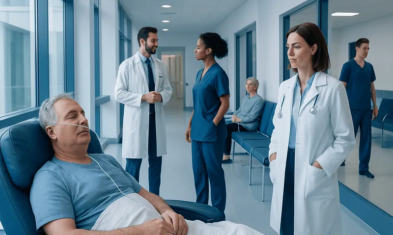 Hospital staff consulting with a patient in a modern medical corridor.