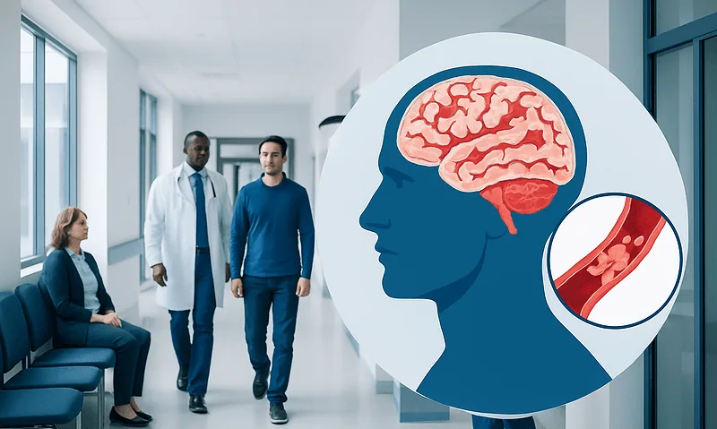 Medical professionals discussing brain health in a hospital corridor.