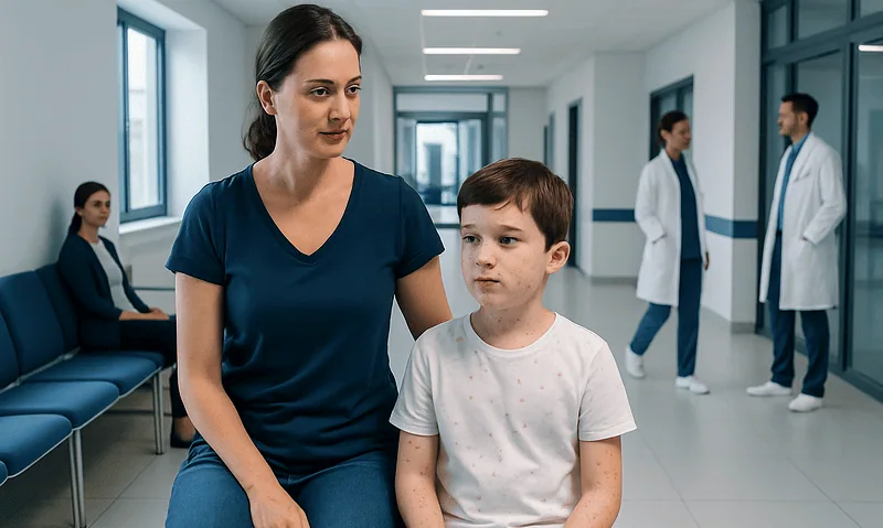Child with chickenpox symptoms in a hospital waiting area.