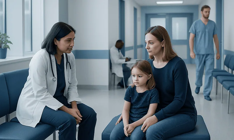 Doctor consulting with a young girl and her mother in a hospital corridor.
