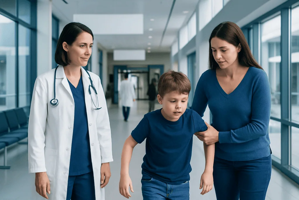 Childhood Ataxia: Early Balance Problems That Need Neuropediatric Assessment 1 Child with balance issues being assessed by healthcare professionals at a hospital.