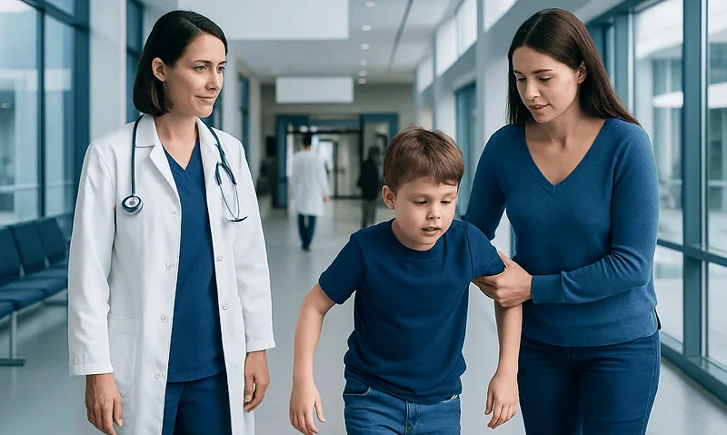 Child with balance issues being assessed by healthcare professionals at a hospital.