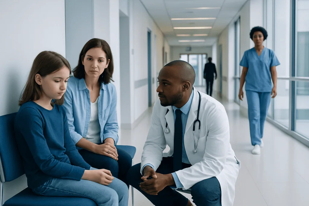 Childhood Depression: Signs, Diagnosis, and When to Seek Help 1 Doctor consulting young girl and her mother in hospital corridor.
