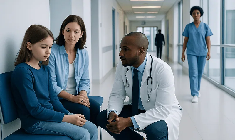 Doctor consulting young girl and her mother in hospital corridor.