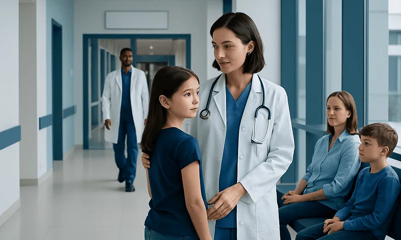 Pediatric doctor consulting young girl in hospital corridor.
