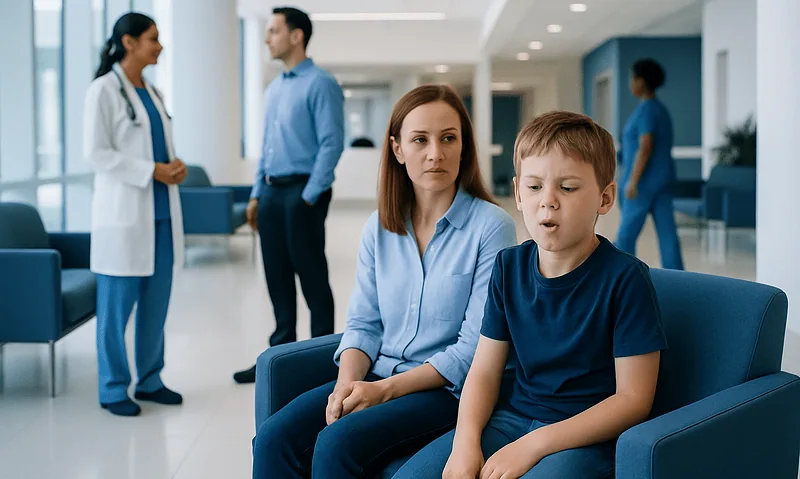 Child with tics waiting in a hospital lobby with medical staff nearby.