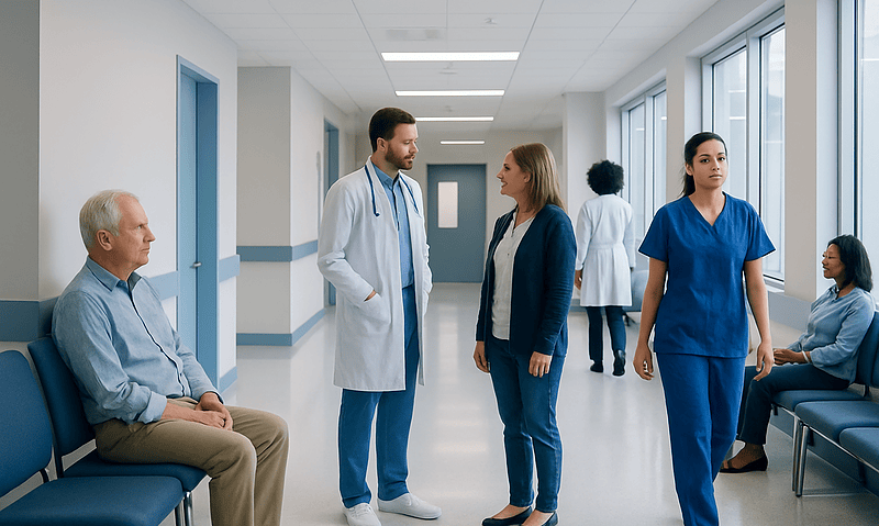 Medical staff and patients in a hospital corridor at Acibadem Hospitals Group.