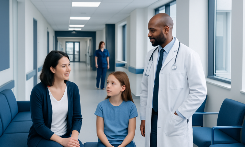 Doctor talking to young girl and her mother in hospital corridor.