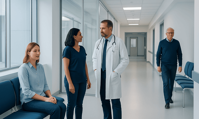 Medical consultation in a hospital corridor with a doctor and patients.