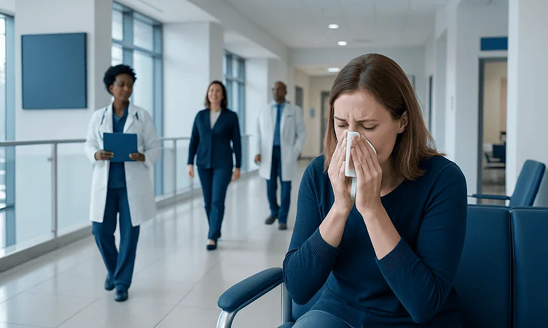 Young woman with cold symptoms in hospital waiting area.