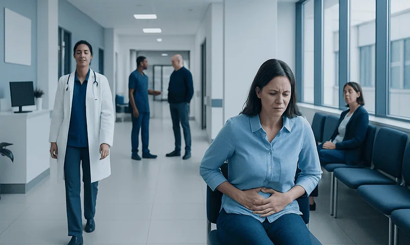 Woman experiencing abdominal pain in hospital corridor.