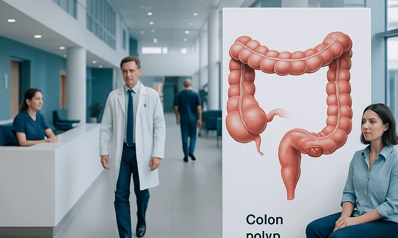 Colon Polyps: What They Are, How They Are Removed, and Why Follow-Up Matters 1 Medical professionals discuss colon polyps in a hospital corridor.