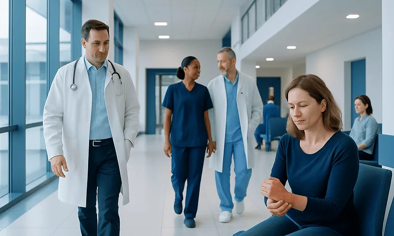 Patient sitting in hospital corridor with medical staff walking by.