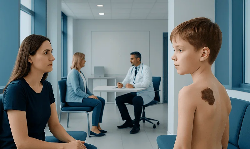 Child with congenital nevus during medical consultation at hospital.