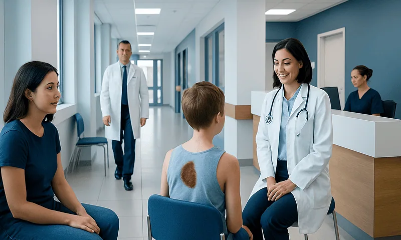 Doctor consulting with a young patient with a mole in a hospital corridor.