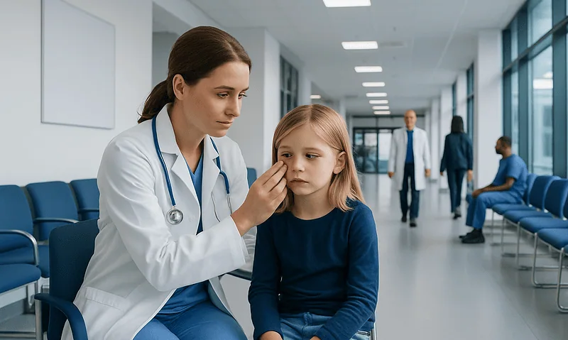 Pediatric doctor examining a child's eye in a hospital corridor.