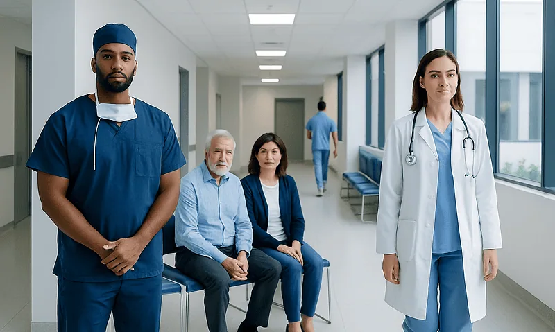 Medical team and patients in hospital corridor for cardiac care.