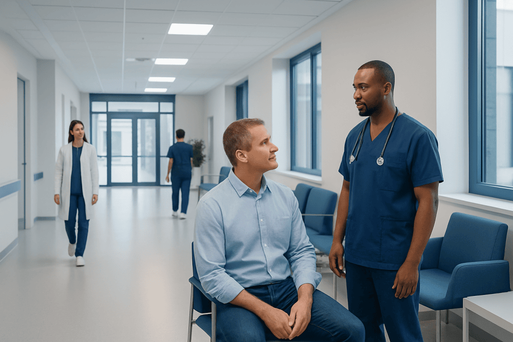 Coronary Artery Bypass Surgery: Who Needs It and How Doctors Decide 1 Doctor consulting with patient in hospital corridor.