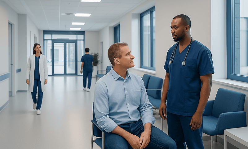 Doctor consulting with patient in hospital corridor.