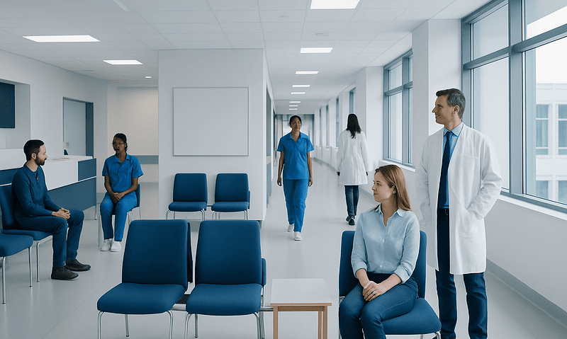 Hospital waiting area with medical staff and patients in a modern facility.