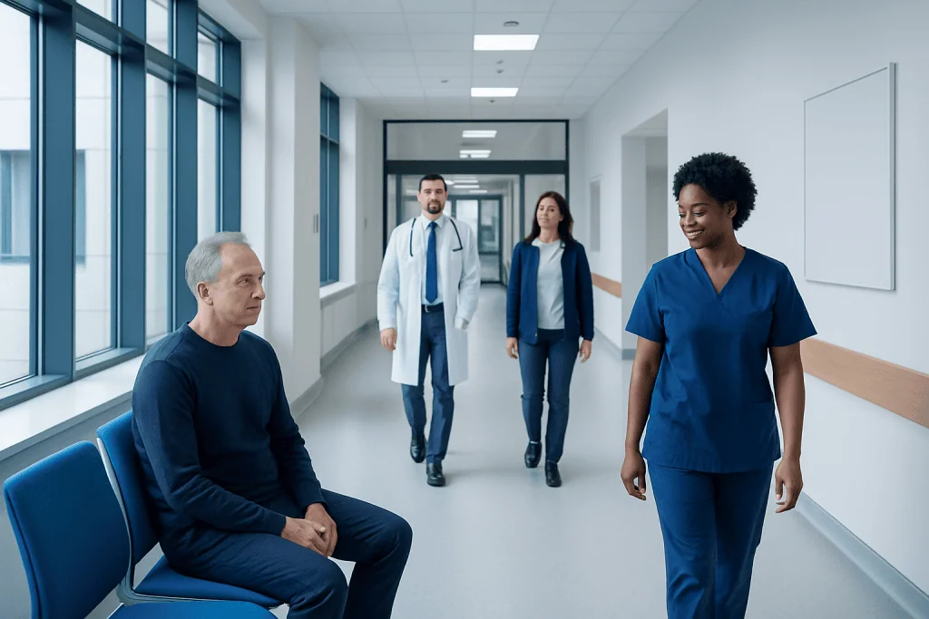 Deep Brain Stimulation Recovery: Healing, Programming, and Follow-Up Care 1 Medical consultation in a hospital corridor with healthcare professionals and patient.