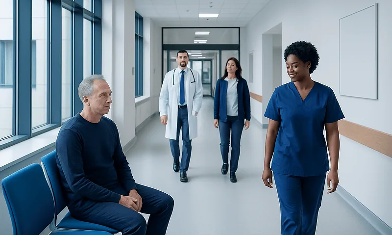 Medical consultation in a hospital corridor with healthcare professionals and patient.