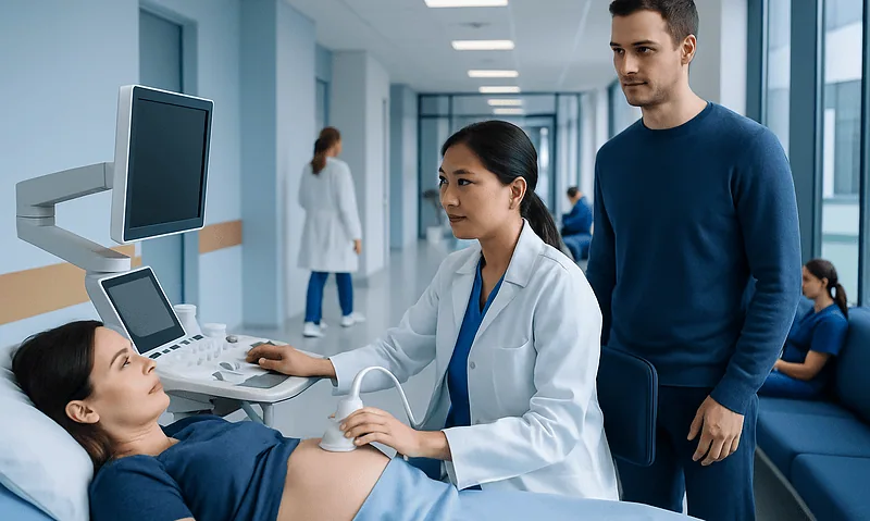 Medical ultrasound examination in a hospital setting with a female patient and healthcare provider.