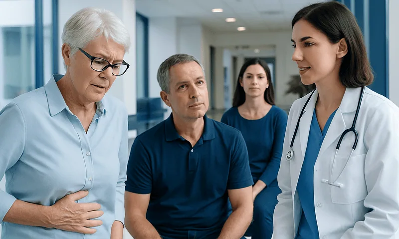 Doctor consulting with elderly patients in hospital corridor.