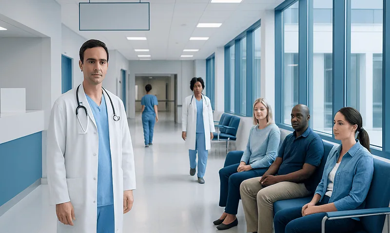 Medical professionals and patients in a modern hospital corridor.