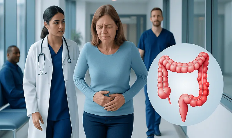 Woman with abdominal pain in hospital corridor with colon illustration.