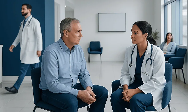 Doctor consulting with a patient in a modern hospital waiting area.