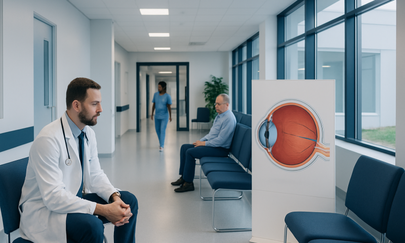 Doctor waiting in hospital corridor with eye anatomy model and patient.