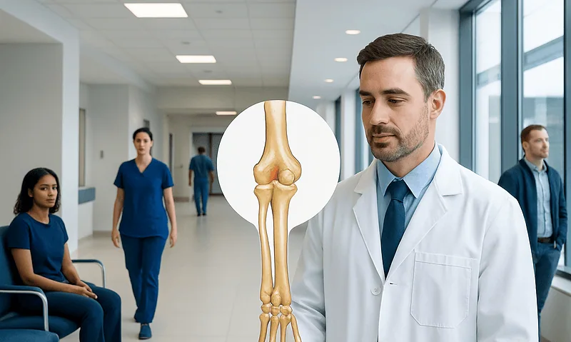 Doctor examining a digital knee joint model in a hospital corridor.