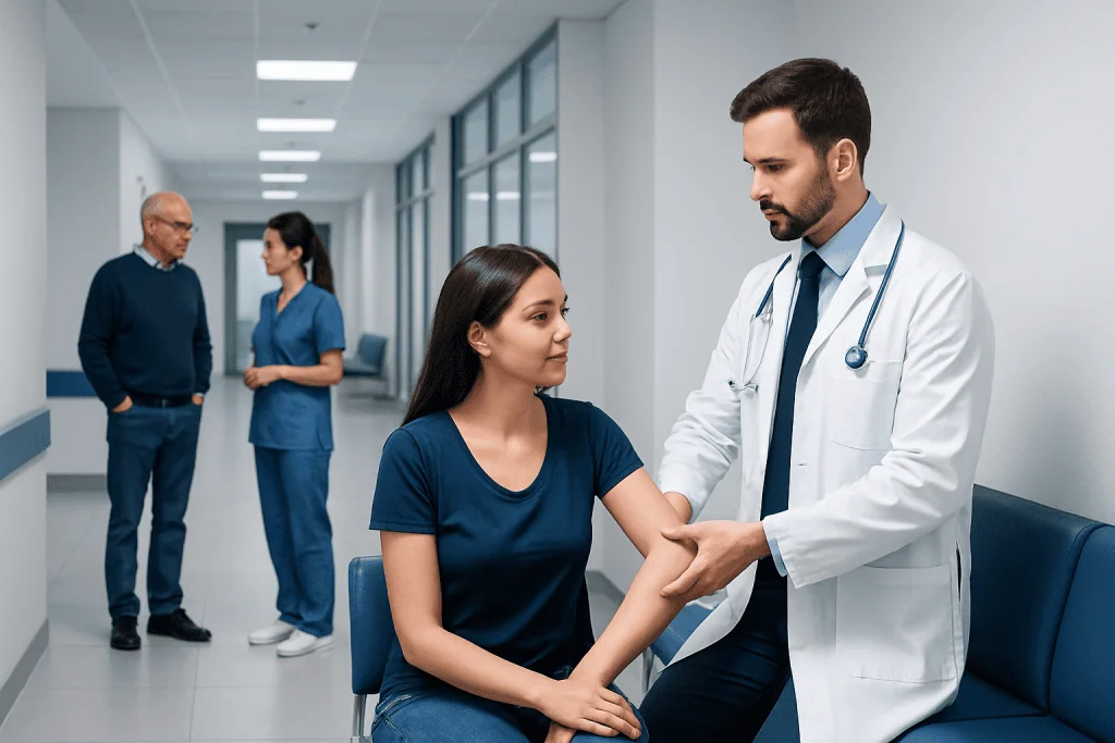 Elbow Joint Anatomy: Which Bones Connect and What Stabilizes the Joint? 1 Doctor examining patient's arm in a hospital corridor.