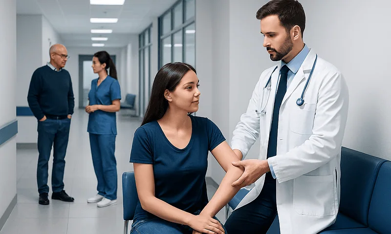 Doctor examining patient's arm in a hospital corridor.