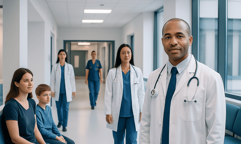 Medical team at Acibadem Hospital with patients in a corridor.