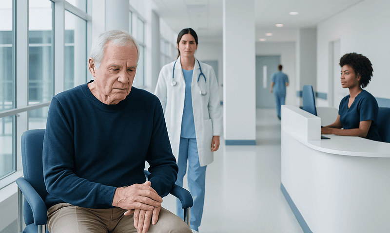 Elderly man in hospital waiting area with medical staff nearby.