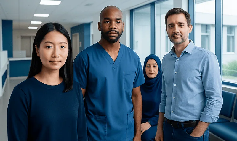 Diverse medical team at Acibadem Hospital in a modern clinic setting.