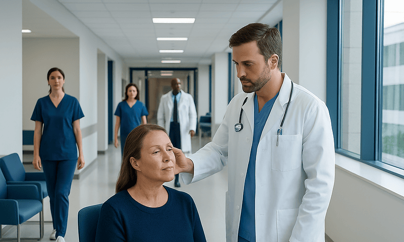 Doctor examining a patient in a hospital corridor with medical staff in background.