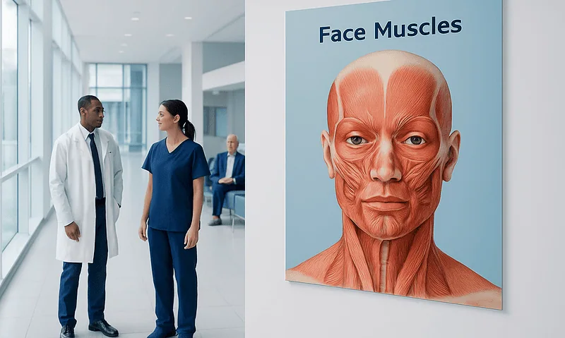 Medical professionals discussing face muscles diagram at hospital.