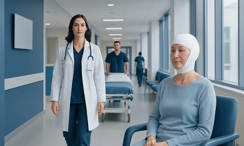 Medical professionals in hospital corridor with patient in waiting area.