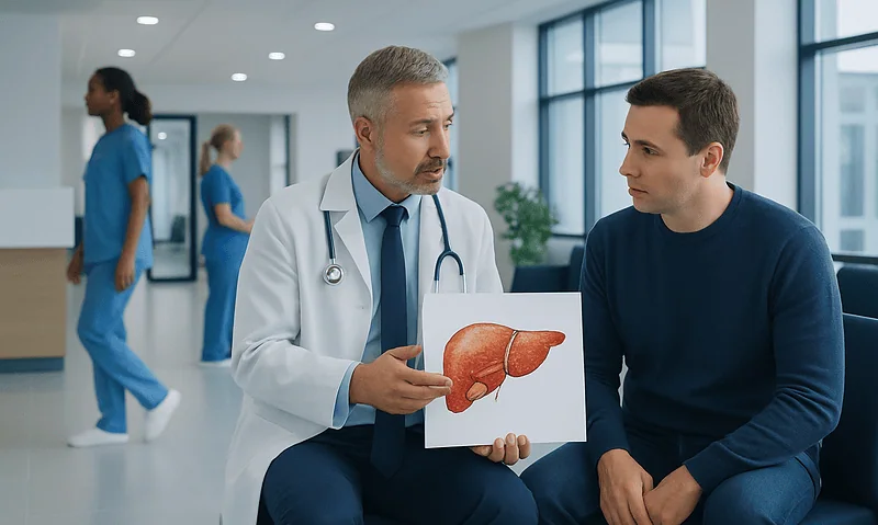 Doctor explaining liver health to patient in hospital setting.