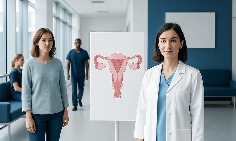 Female doctor explaining female reproductive system to patient in clinic.