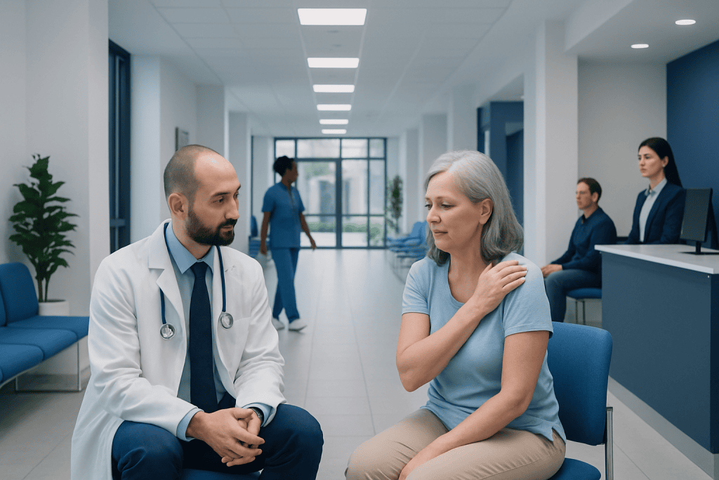 Frozen Shoulder: Stages, Pain Relief, and When to Consider Intervention 1 Doctor consulting with a patient in a modern hospital corridor.