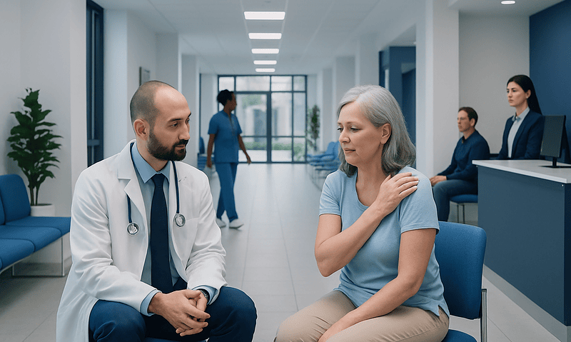 Doctor consulting with a patient in a modern hospital corridor.