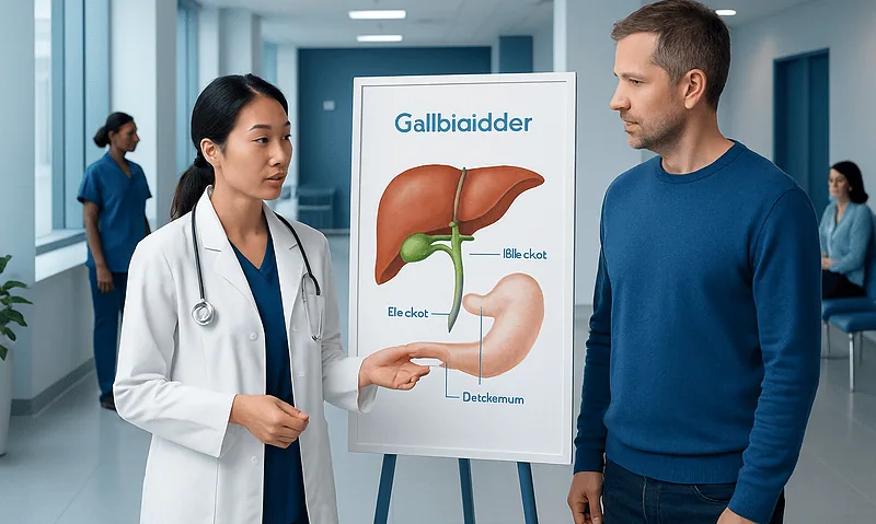Doctor explaining gallbladder anatomy to a patient in a hospital corridor.