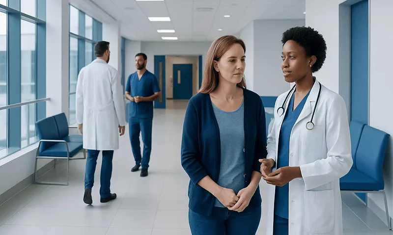 Gallstones: Upper Right Abdominal Pain, Ultrasound, and Treatment Choices 11 Doctor consulting with a patient in a hospital corridor.