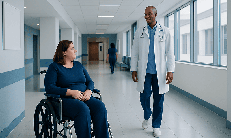 Medical professional talking to a patient in a wheelchair in hospital corridor.