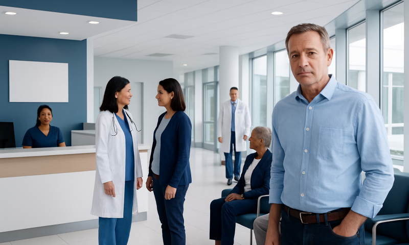 Medical professionals and patients in a hospital waiting area.