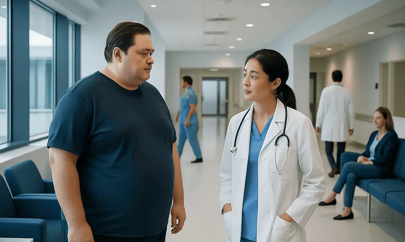 Doctor consulting a patient in a hospital corridor.